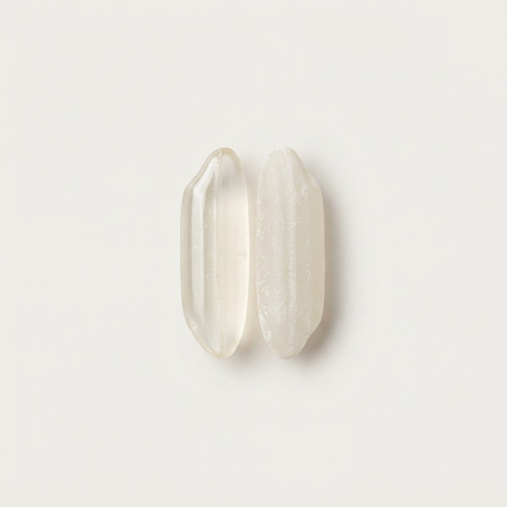 A polished parboiled rice grain beside a dull unpolished one