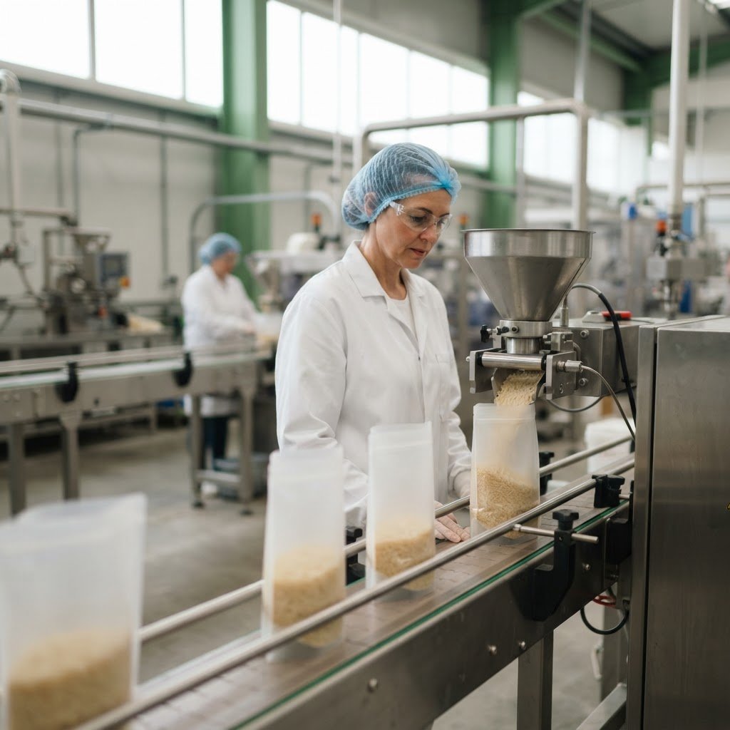 Parboiled long grain rice on a food manufacturing filling line