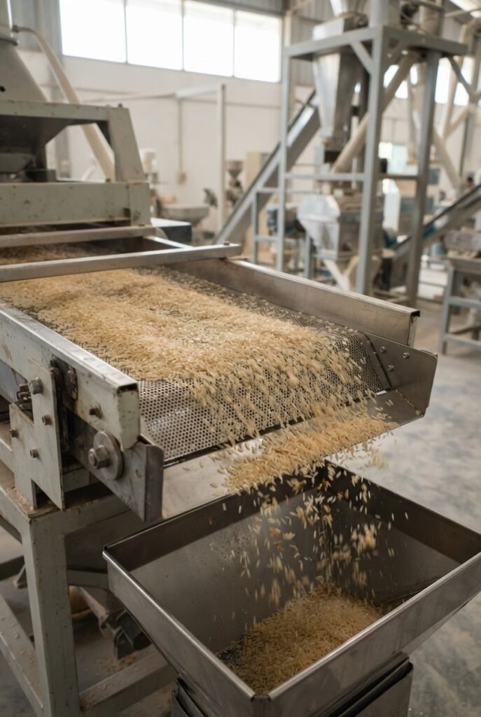 Grading sieves separating broken grains from whole parboiled long grain rice