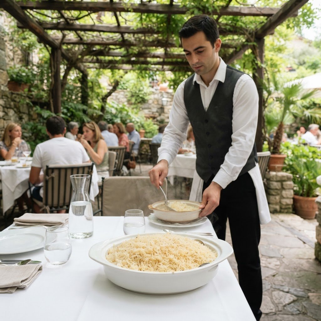 Parboiled long grain rice served at a hotel garden terrace restaurant