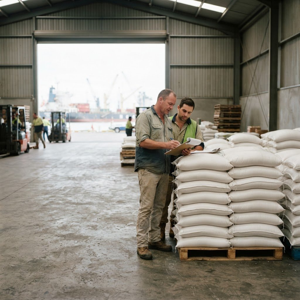 Importers taking delivery of parboiled long grain rice at a port warehouse
