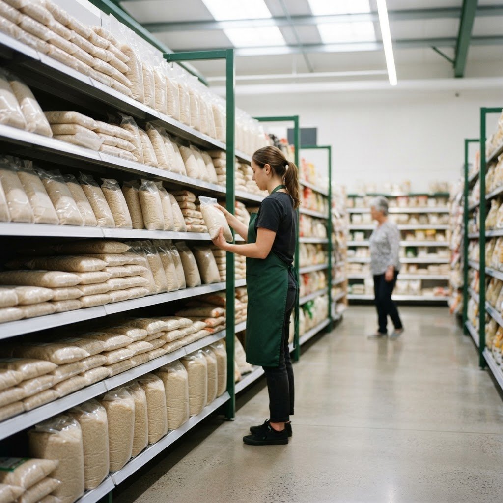 Own-brand parboiled long grain rice bags on a supermarket shelf