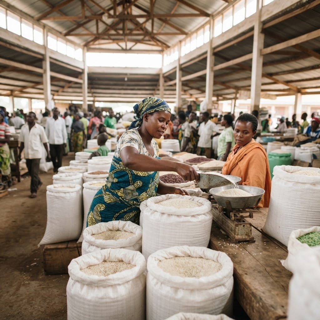 Parboiled long grain rice sacks on a wholesale market trade counter