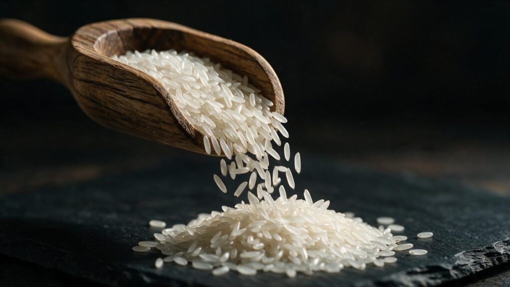 Macro shot of PK-386 long-grain white rice pouring from a wooden scoop