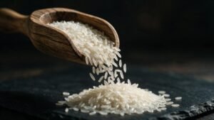 Macro shot of PK-386 long-grain white rice pouring from a wooden scoop