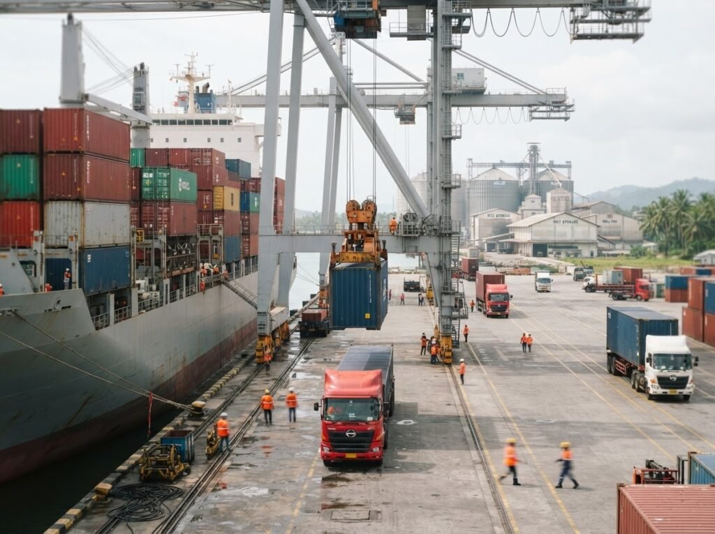 A container vessel arriving to discharge rice at a buyer's destination port