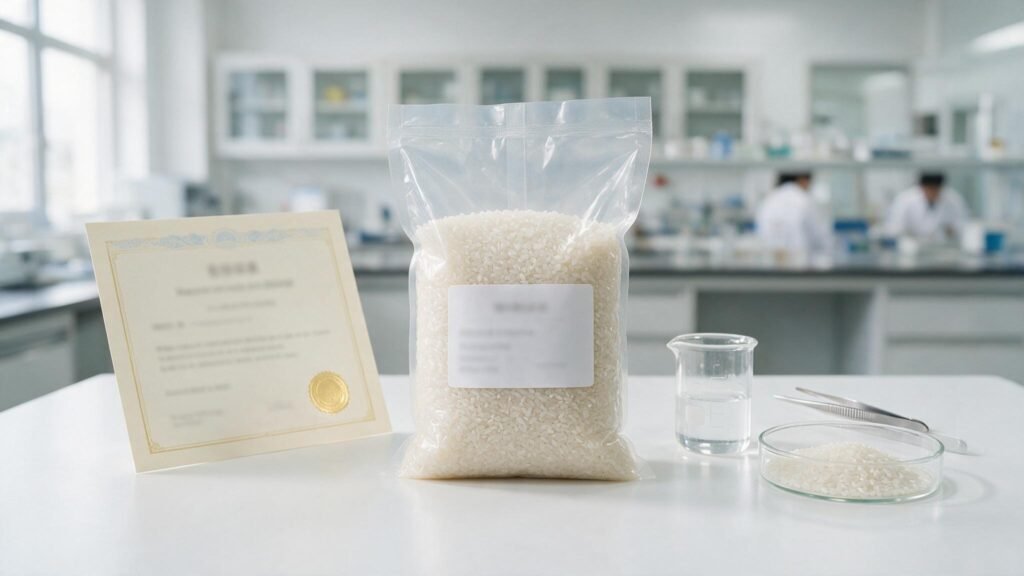 Rice sample beside a certificate of analysis document representing quality and compliance checks