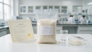 Rice sample beside a certificate of analysis document representing quality and compliance checks