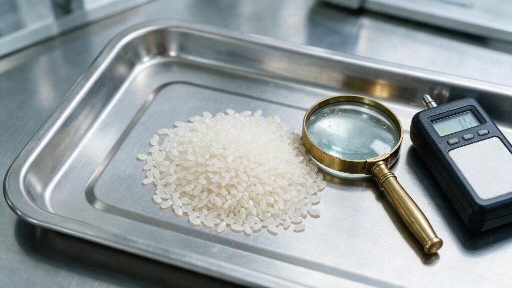 Rice grains on an inspection tray with a moisture meter illustrating rice quality specifications