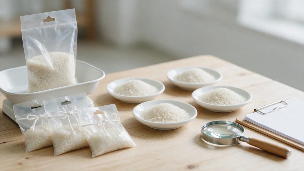 Small rice sample bags and dishes with a magnifying glass for sample approval before a bulk order