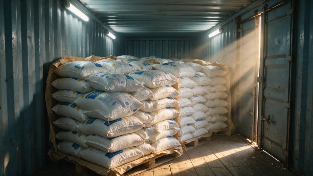 A shipping container loaded with stacked rice bags and a moisture liner prepared for ocean export