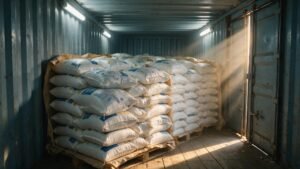 A shipping container loaded with stacked rice bags and a moisture liner prepared for ocean export