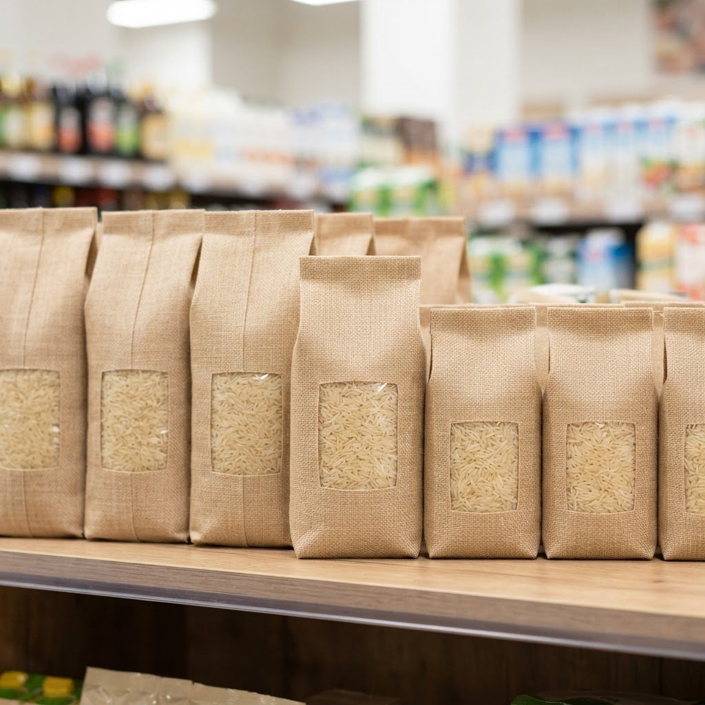Sella basmati rice in 1kg and 2kg retail bags on a grocery shelf