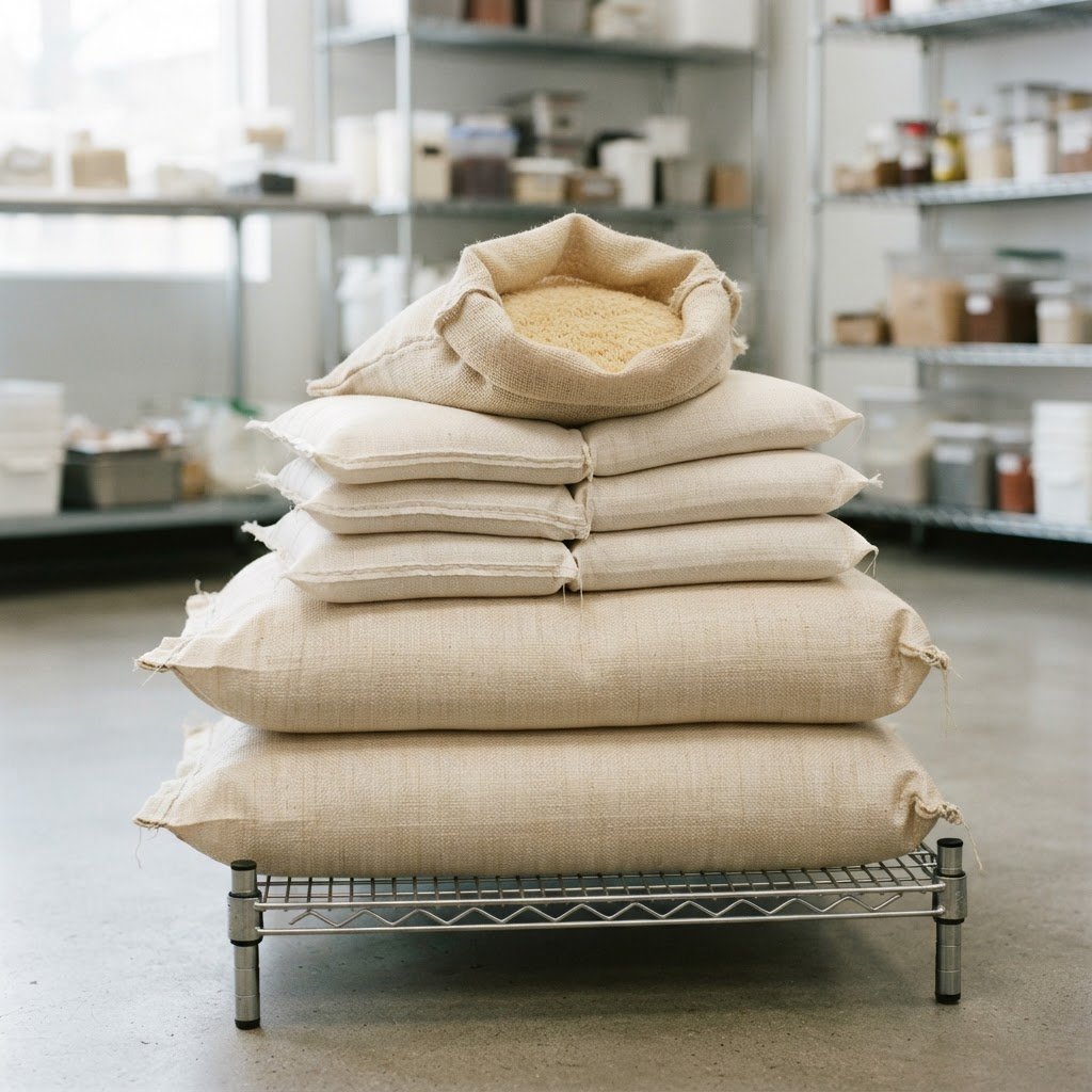 Sella basmati rice in 10kg and 20kg catering bags stacked in a kitchen store
