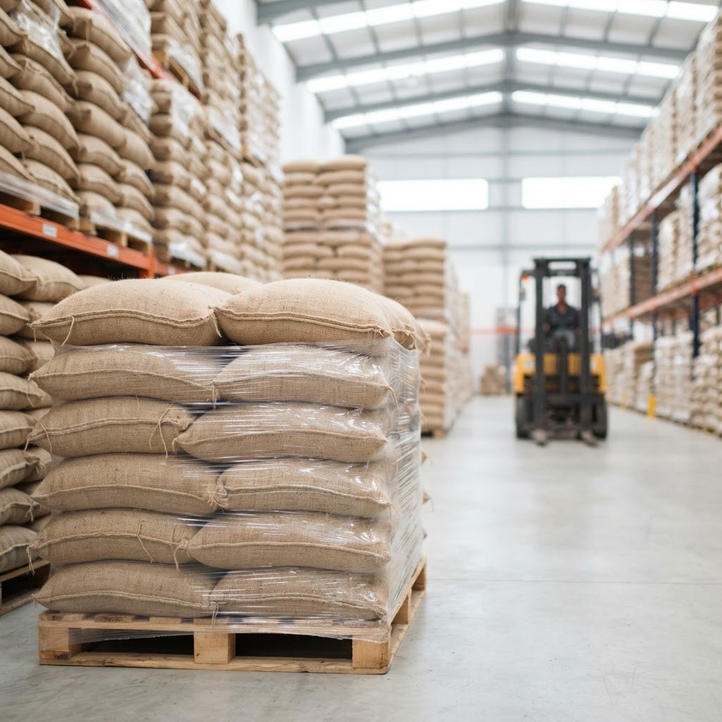 Sella basmati rice in 25kg to 50kg sacks palletised in a distribution warehouse