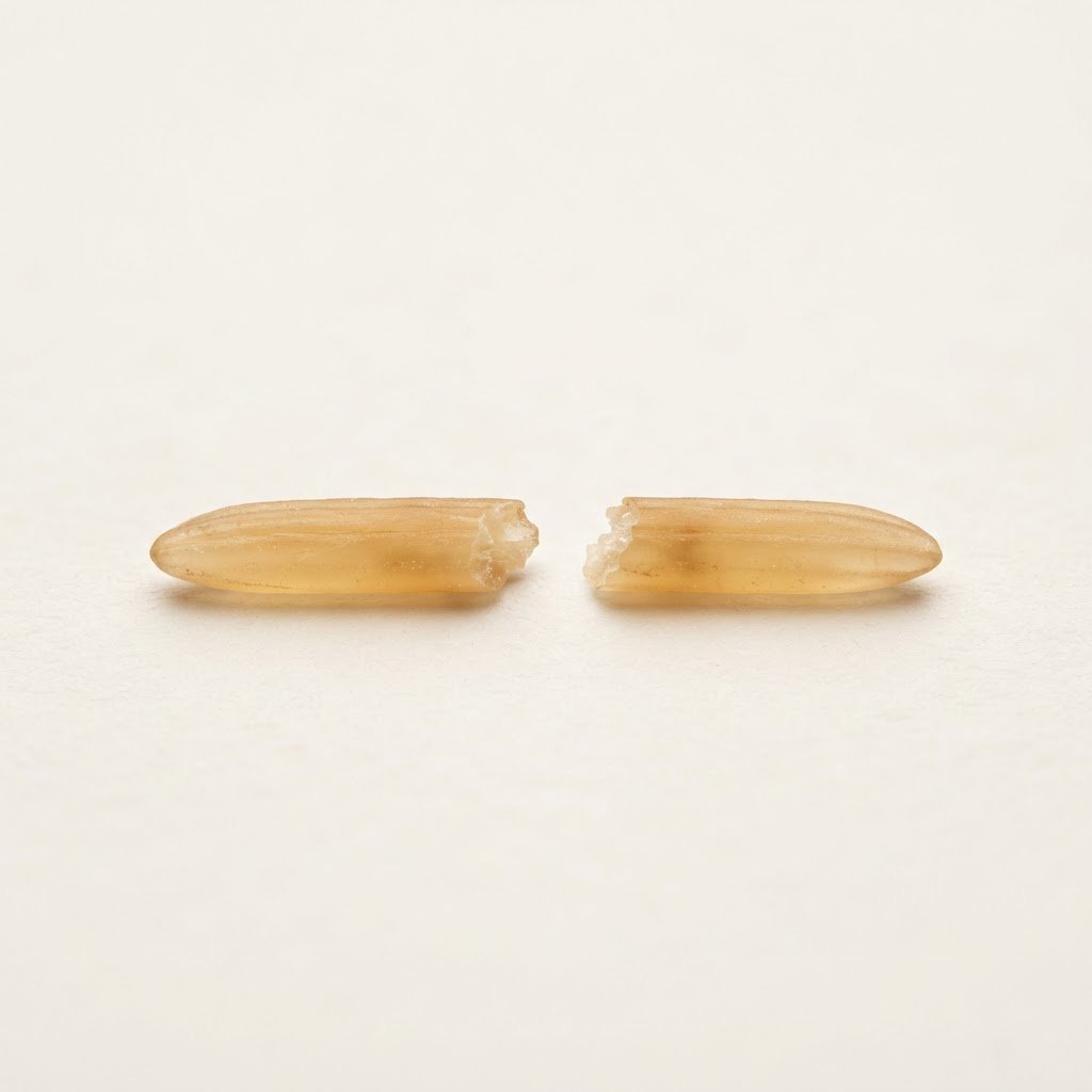 A single sella basmati grain snapped in two showing the break