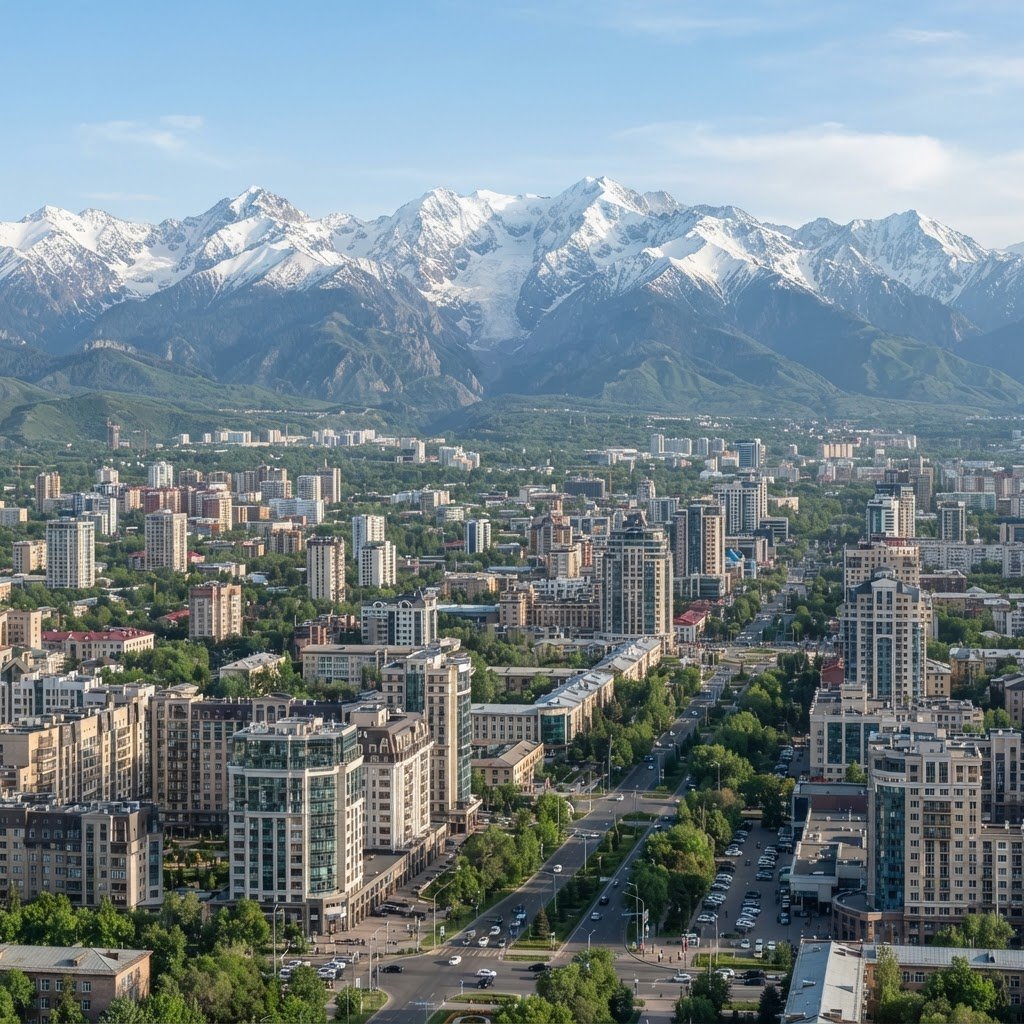 Almaty city with the Zailiysky Alatau mountains behind it in Kazakhstan