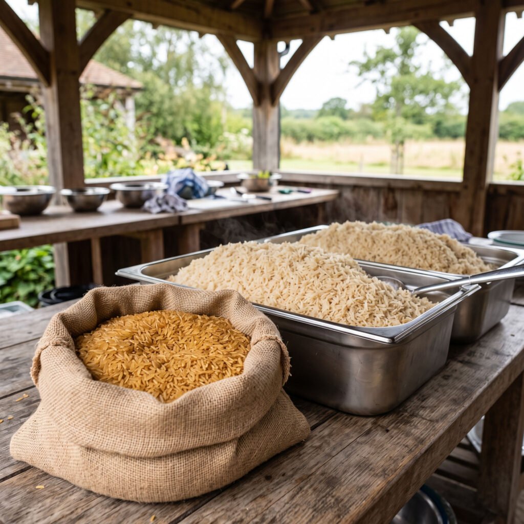 An open sack of dry sella basmati rice beside trays of the same rice cooked, under an outdoor catering pavilion