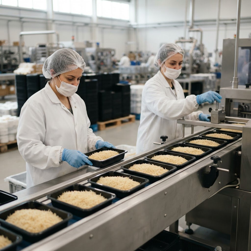 Line operators filling ready meal trays with sella rice on a food production line