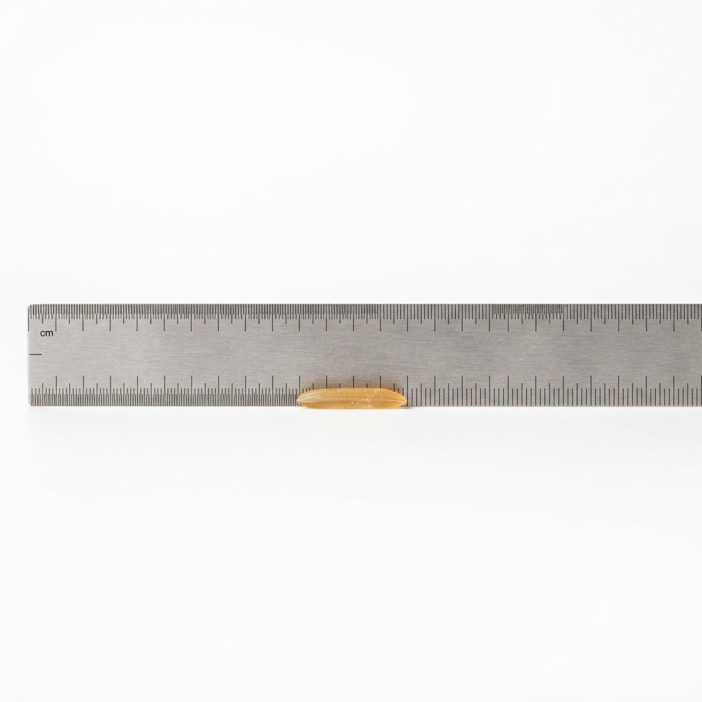 A steel ruler measuring the length of a single sella basmati grain