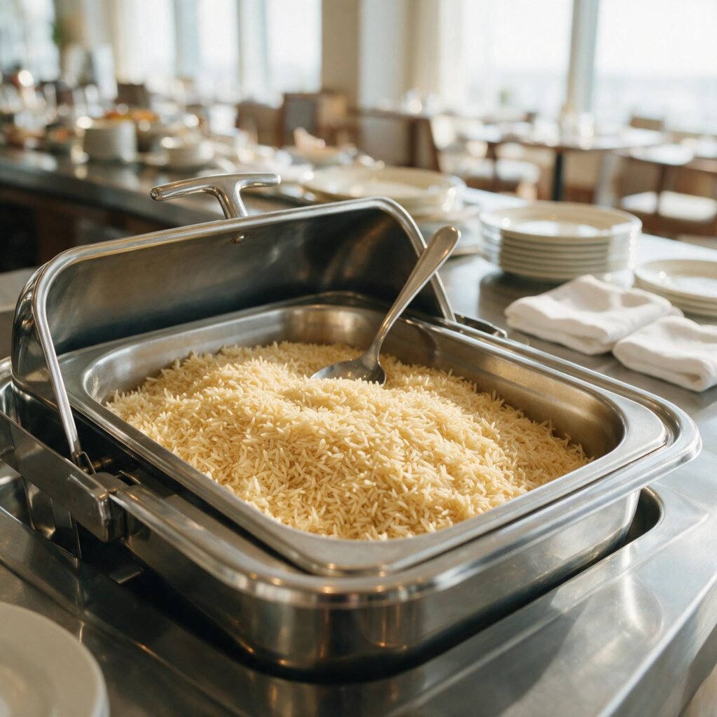 Sella basmati rice staying loose and separate in a chafing dish on a hotel buffet.