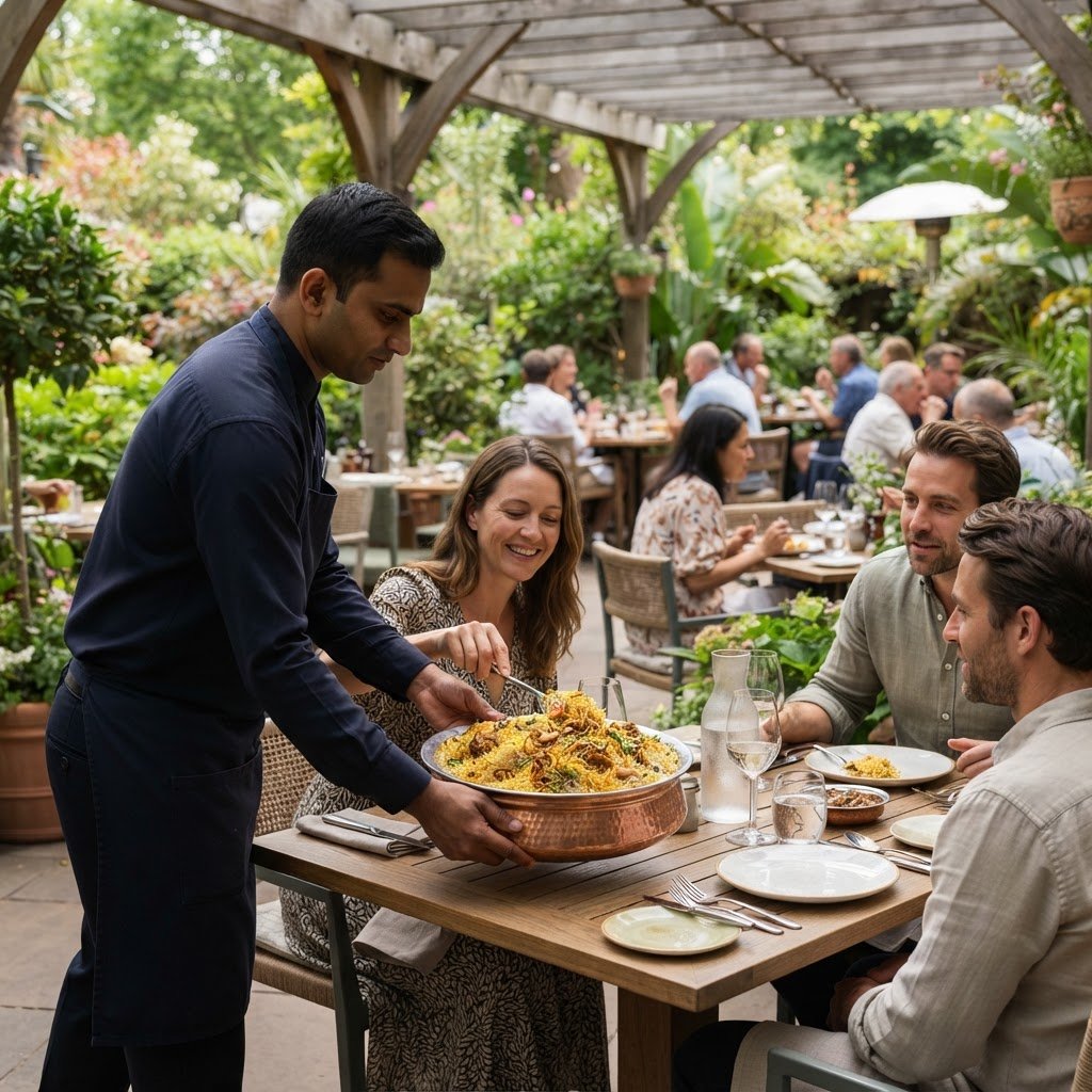 A waiter serving a huge platter of biryani made with sella rice on a hotel garden terrace