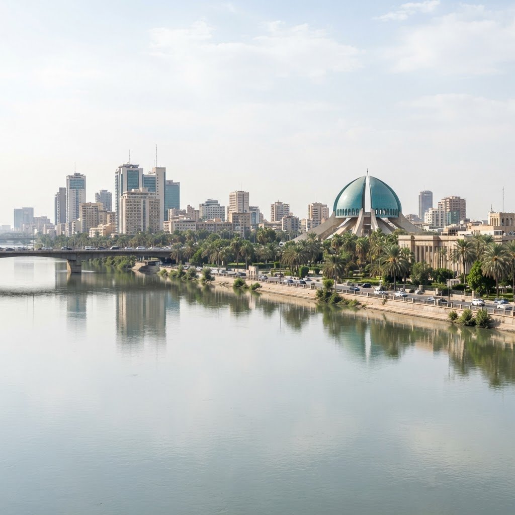 The Baghdad skyline across the Tigris river in Iraq