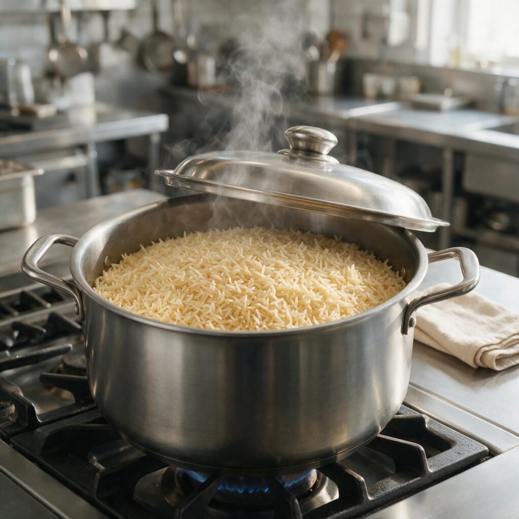 A large covered pot of sella basmati rice cooking unattended on a low flame