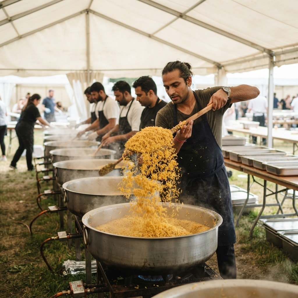 Cooks preparing golden sella rice in vast pots at an open-air pilgrimage catering marquee