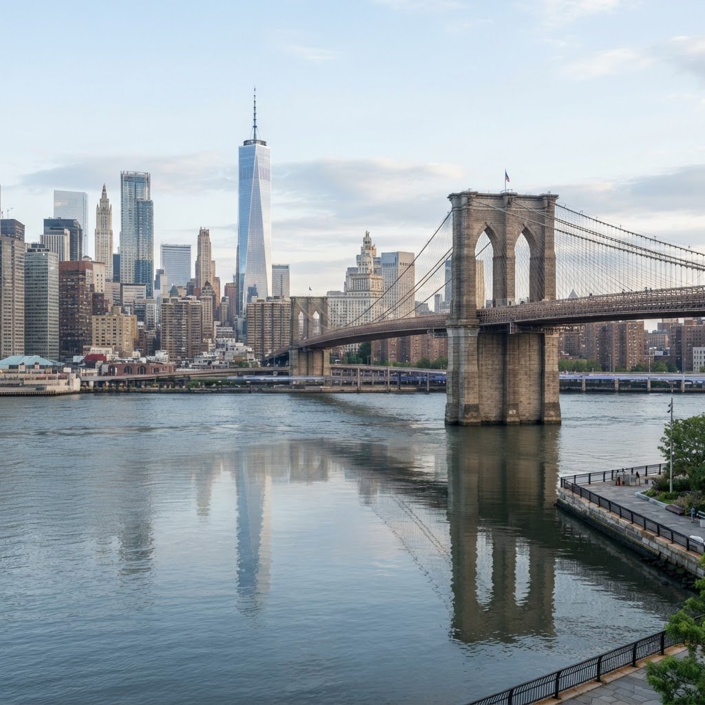 The Manhattan skyline and Brooklyn Bridge across the East River in New York