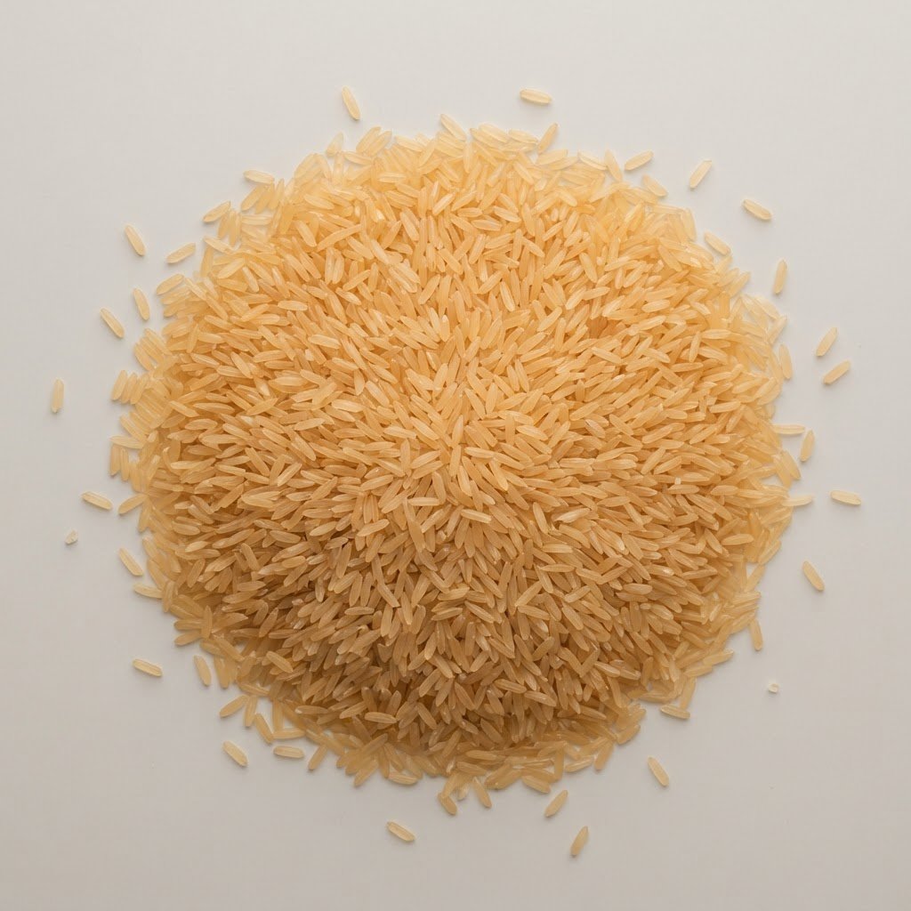 Pakistani sella basmati rice grains showing the parboiled amber colour