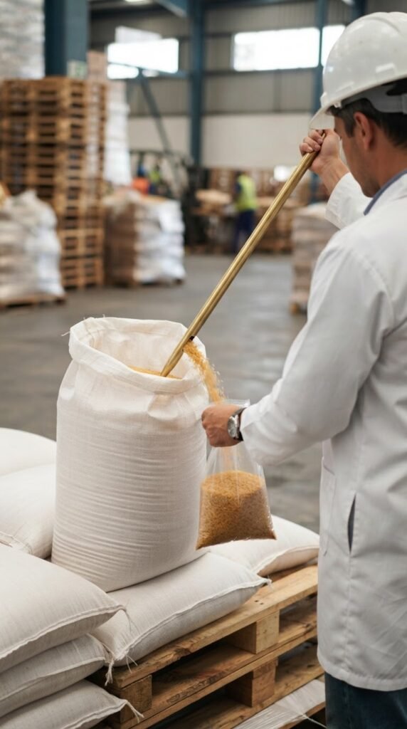 A pre-shipment inspector drawing a sample from a sack of sella basmati rice