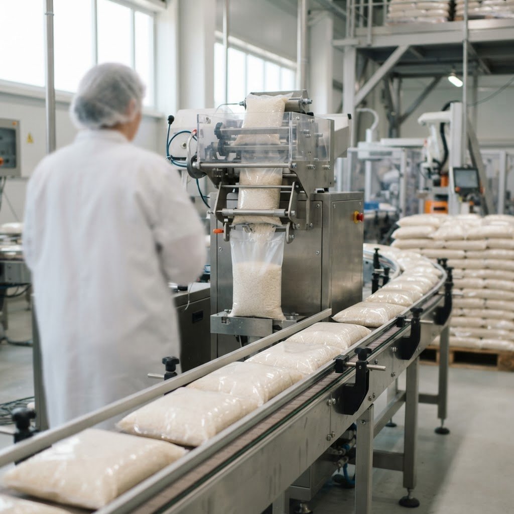 Private label sella basmati rice bags being filled and palletised at the mill