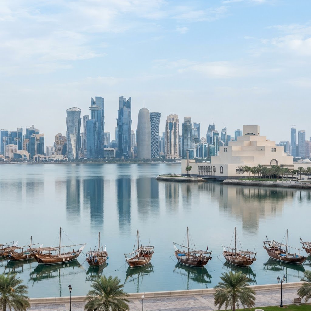 The Doha West Bay skyline across the bay in Qatar