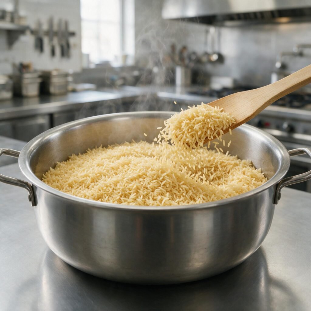 Sella basmati rice folded through a large catering pot with the grains staying whole