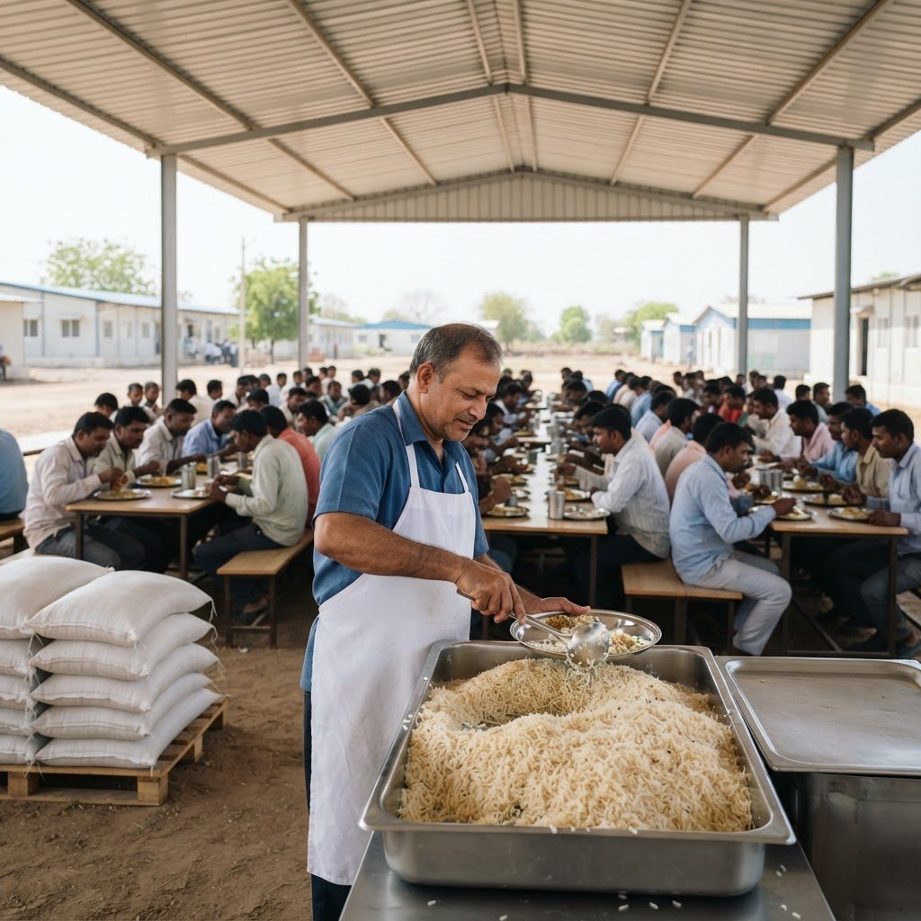 Workers being served rice at an outdoor covered mess pavilion