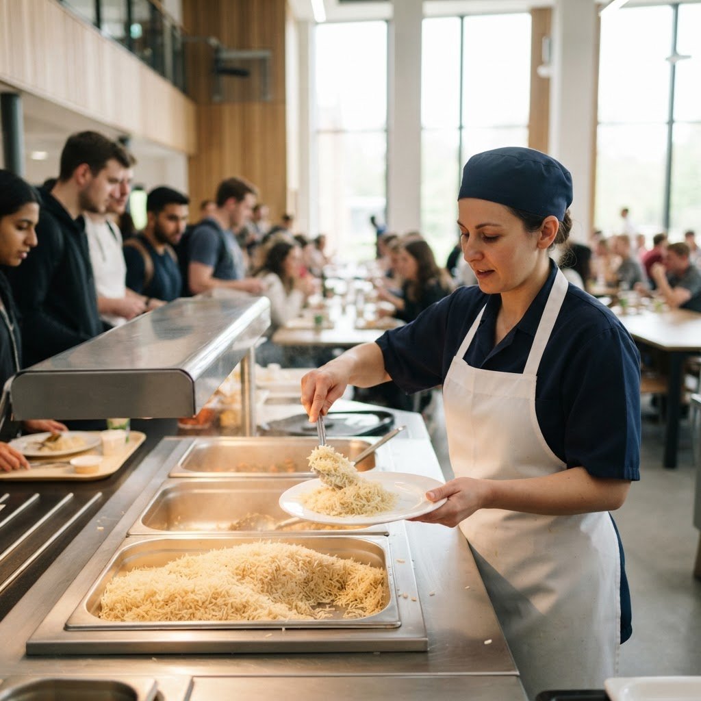 Sella rice served on a hot counter in a university dining hall