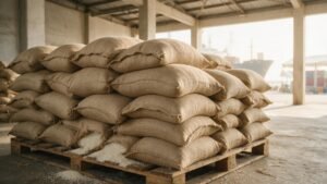 Bulk 100% broken white rice in export sacks at a West African port, illustrating Senegal broken rice imports