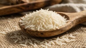 Macro close-up of extra-long Super-515 basmati rice grains on a wooden spoon over burlap