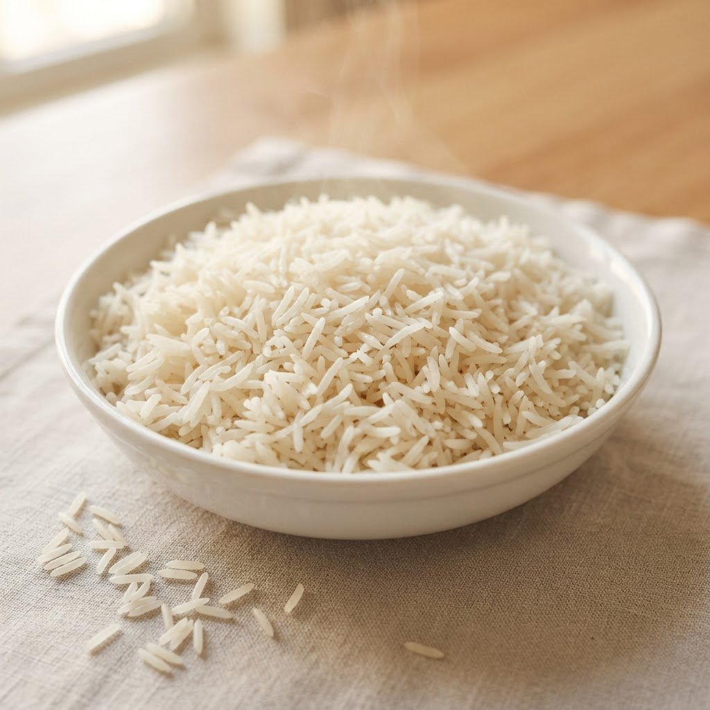 Cooked Super Kernel Basmati Rice, grains roughly double their raw length and fully separate