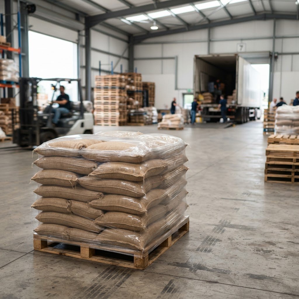 Palletised Super Kernel Basmati Rice in a distributor’s warehouse