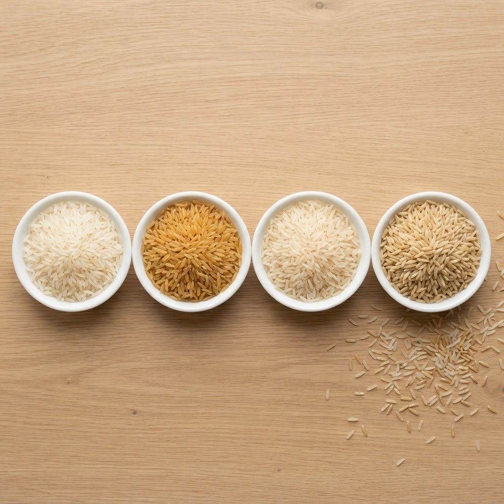 Super Kernel white, golden sella, white sella and brown basmati rice compared in four dishes