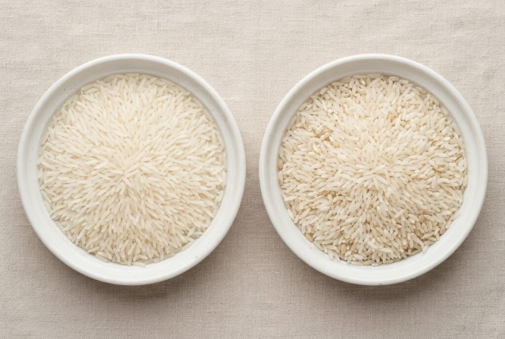 Sortex cleaned Super Kernel Basmati Rice beside a lot cut with shorter grain