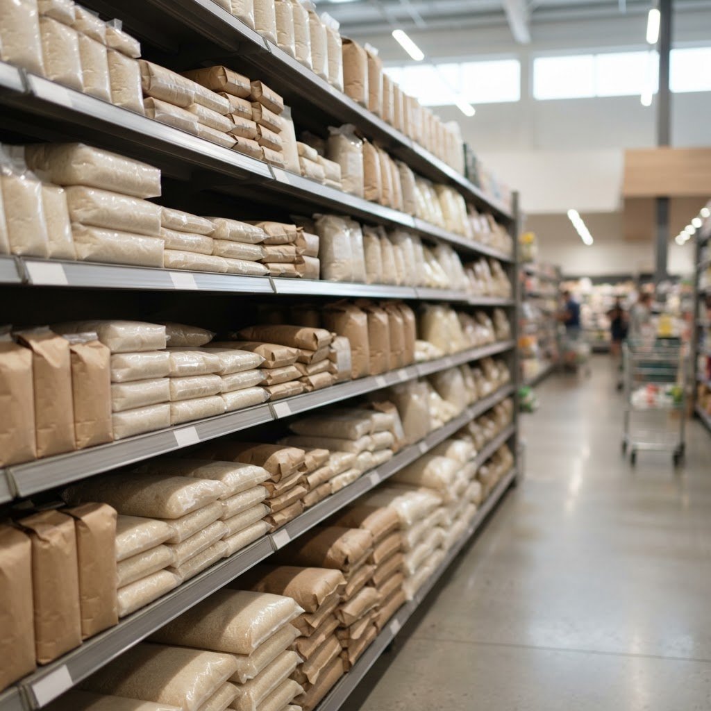 Super Kernel Basmati Rice on a supermarket rice aisle beside other basmati grades