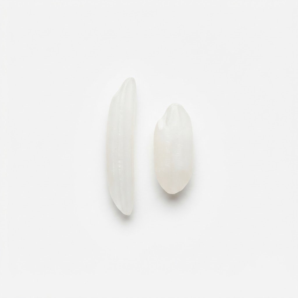 Two grains side by side, one slender basmati and one stubby long grain, for varietal purity