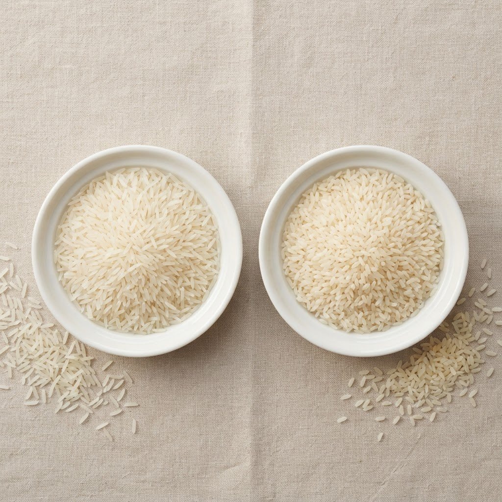 Super Kernel Basmati Rice beside a bolder long grain rice, slender against stout