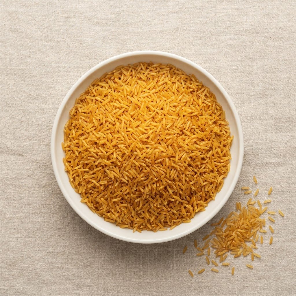 Super Kernel golden sella basmati rice, parboiled in the husk, amber-gold grains
