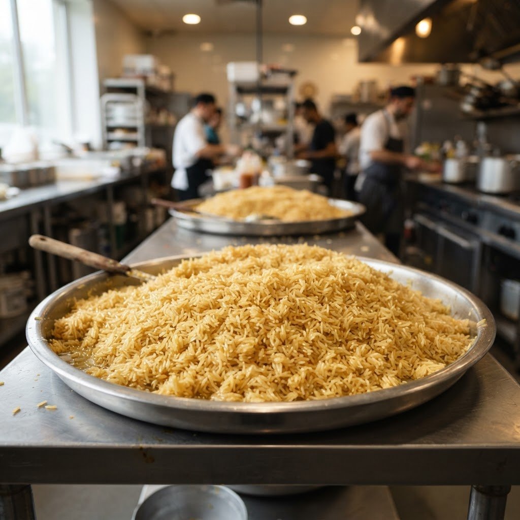 Super Kernel golden sella basmati rice served from a large catering tray