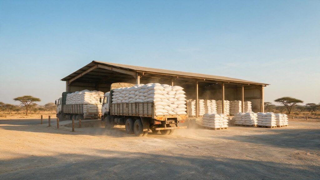 Trucks loading white rice sacks at a Tanzanian trading depot for East Africa rice imports