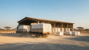 Trucks loading white rice sacks at a Tanzanian trading depot for East Africa rice imports